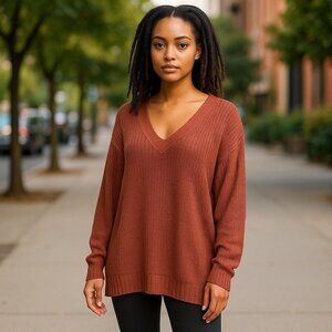 Pilcro Rust/Clay Loose Knit V-Neck Sweater, L